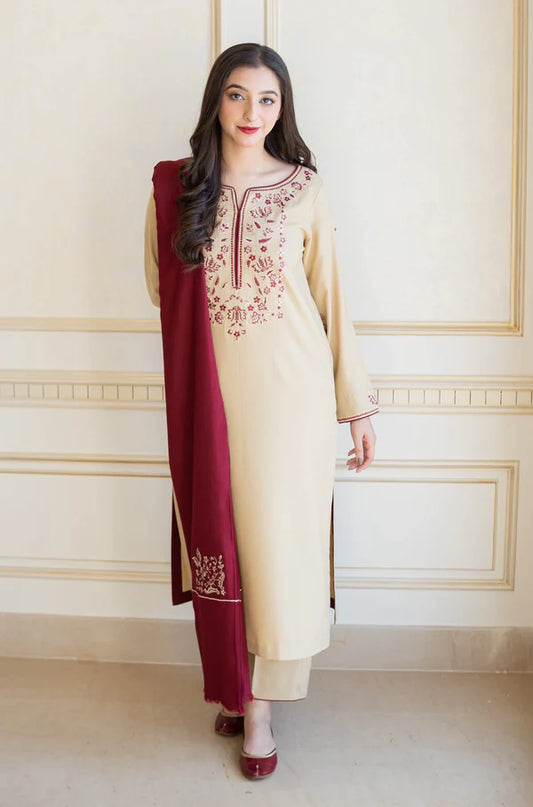 WOOL MAREENA 3PC EMBROIDERED DRESS EMBROIDERED SHAWL D-329