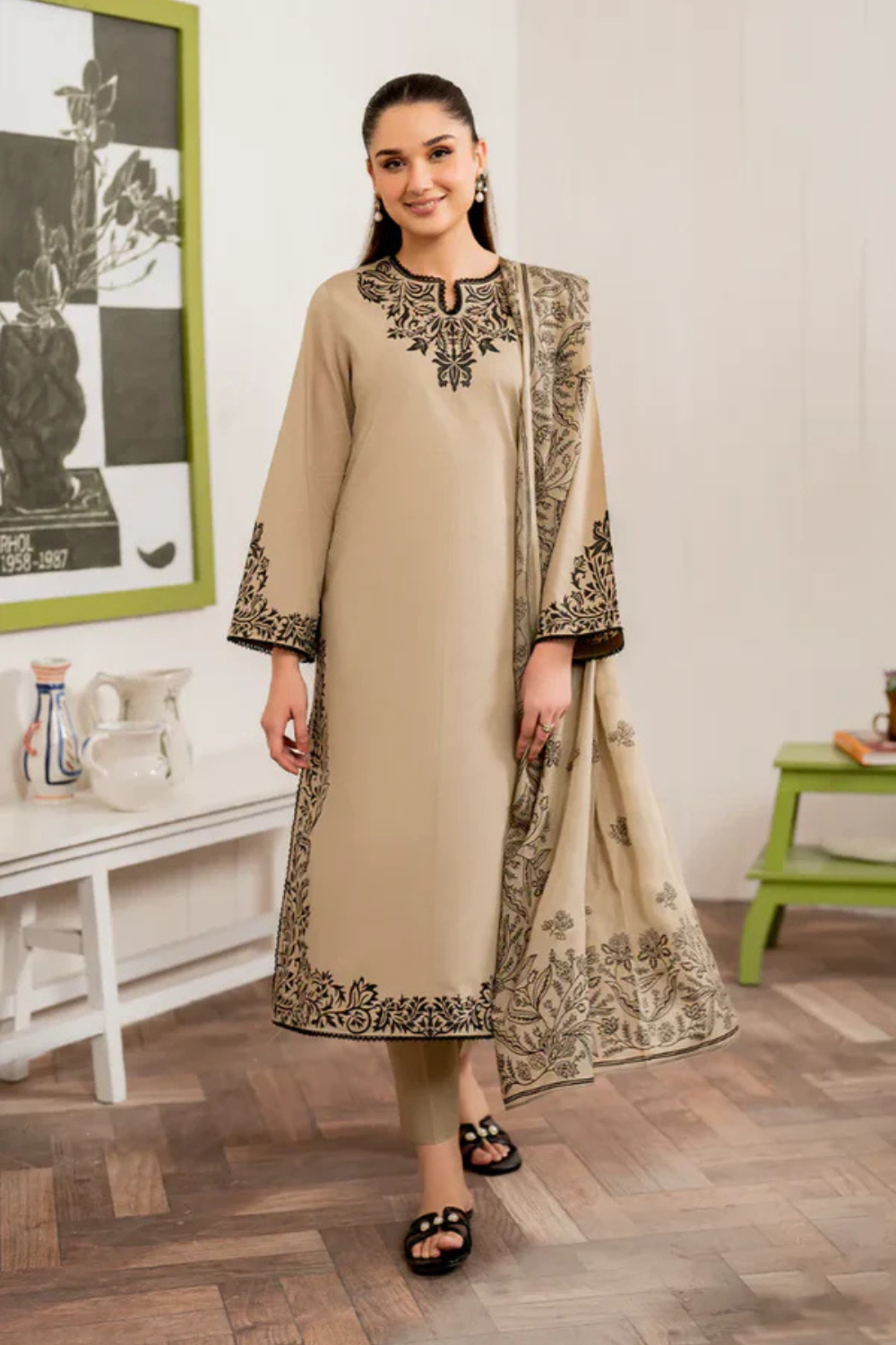 3pc KHADDAR Embroidered UnStiched Dress With Printed Wool Shawl D-123
